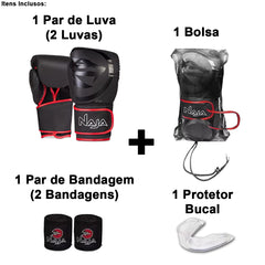 Luva de Boxe e Muay Thai Naja Black Line com Bandagem e Protetor Bucal